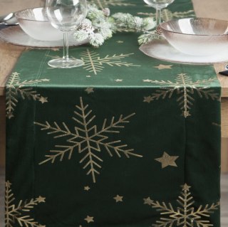 Bieżnik świąteczny na stół 40x140 cm ciemnozielono, szampański welwetowy zdobiony śnieżynkami