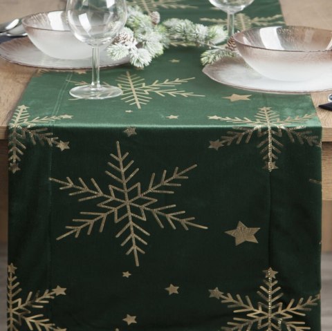 Bieżnik świąteczny na stół 40x140 cm ciemnozielono, szampański welwetowy zdobiony śnieżynkami