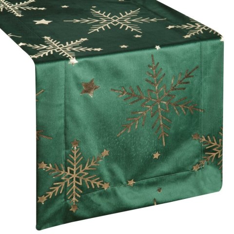Bieżnik świąteczny na stół 40x140 cm ciemnozielono, szampański welwetowy zdobiony śnieżynkami