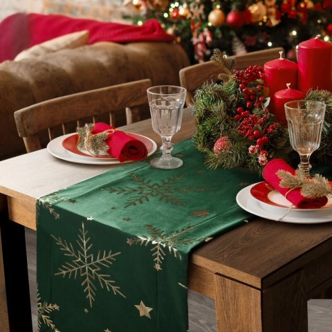 Bieżnik świąteczny na stół 40x140 cm ciemnozielono, szampański welwetowy zdobiony śnieżynkami