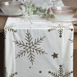 Bieżnik świąteczny na stół 40x140 cm biało, szampański welwetowy zdobiony śnieżynkami