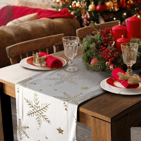 Bieżnik świąteczny na stół 40x140 cm biało, szampański welwetowy zdobiony śnieżynkami
