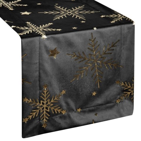 Bieżnik świąteczny na stół 40x140 cm czarno, szampański welwetowy zdobiony śnieżynkami