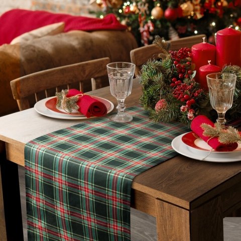 Bieżnik świąteczny na stół 40x180 cm czerwono, zielony bawełniany zdobiony szkocką kratą AURORA