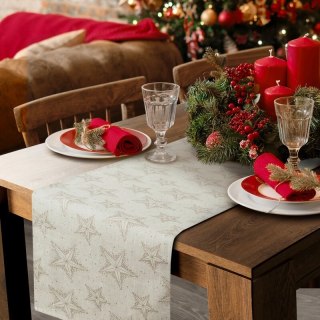 Bieżnik świąteczny na stół 40x180 cm kremowo, złoty bawełnainy zdobiony subtelnym wzorem gwiazdek WINTER