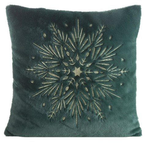 Poszewka na poduszkę świąteczna 45x45 cm ciemnozielono, szampańska z przyjemnego futerka zdobiona haftem śnieżynki