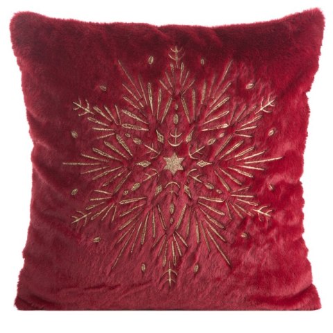 Poszewka na poduszkę świąteczna 45x45 cm bordowo, szampańska z przyjemnego futerka zdobiona haftem śnieżynki