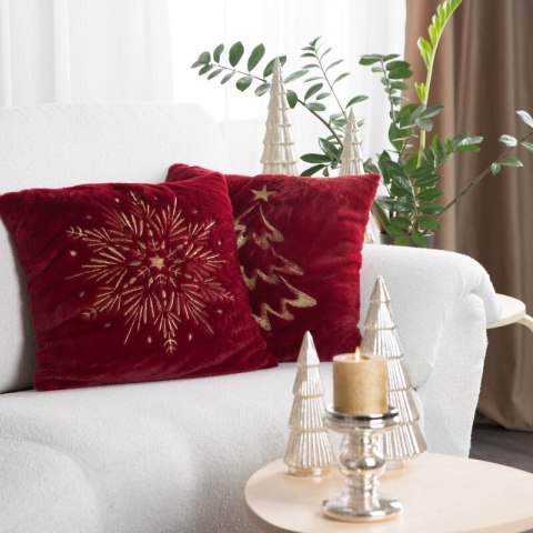 Poszewka na poduszkę świąteczna 45x45 cm bordowo, szampańska z przyjemnego futerka zdobiona haftem śnieżynki