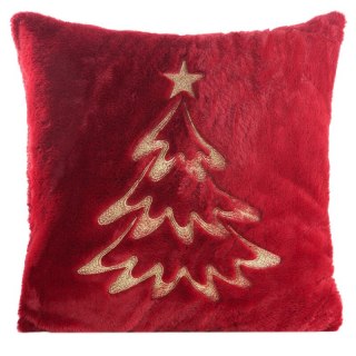 Poszewka na poduszkę świąteczna 45x45 cm bordowo, szampańska z przyjemnego futerka zdobiona haftem choinki