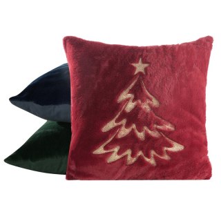 Poszewka na poduszkę świąteczna 45x45 cm bordowo, szampańska z przyjemnego futerka zdobiona haftem choinki