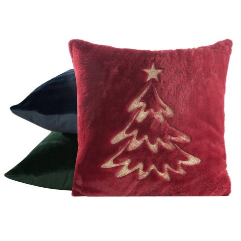 Poszewka na poduszkę świąteczna 45x45 cm bordowo, szampańska z przyjemnego futerka zdobiona haftem choinki