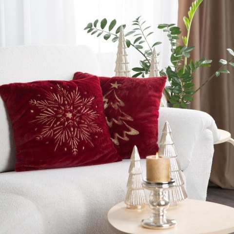 Poszewka na poduszkę świąteczna 45x45 cm bordowo, szampańska z przyjemnego futerka zdobiona haftem choinki