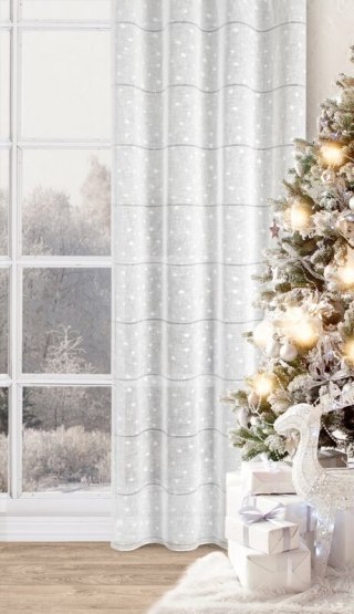 Firana świąteczna biało z etaminy zdobiona nadrukiem gwiazdek i ażurowych paseczków przelotka - NADINE