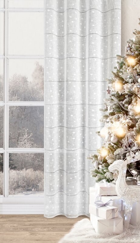 Firana świąteczna biało z etaminy zdobiona nadrukiem gwiazdek i ażurowych paseczków przelotka - NADINE