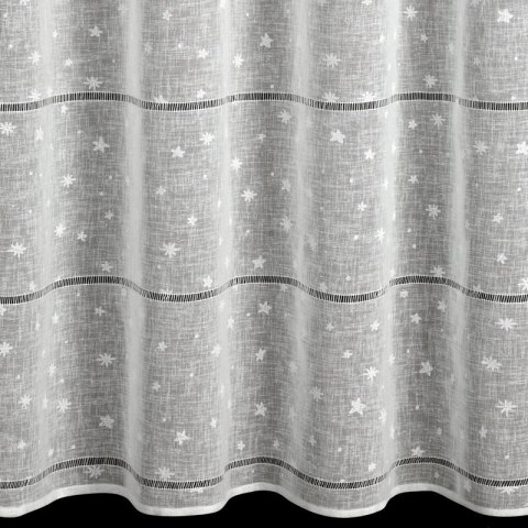 Firana świąteczna biało z etaminy zdobiona nadrukiem gwiazdek i ażurowych paseczków przelotka - NADINE