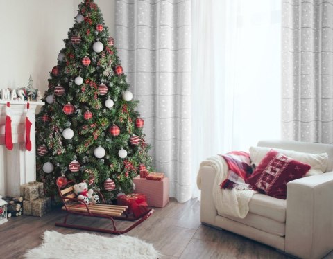 Firana świąteczna biało z etaminy zdobiona nadrukiem gwiazdek i ażurowych paseczków przelotka - NADINE