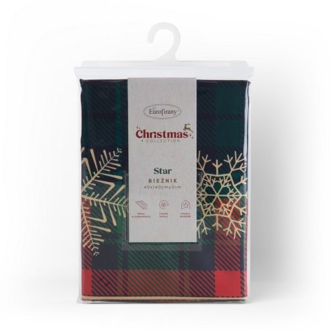 Bieżnik na stół zielono, czerwony 40x140 cm STAR z motywem kraty i śnieżynek