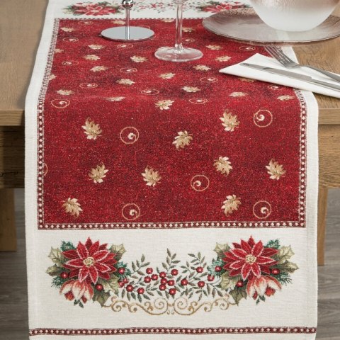 Bieżnik na stół czerwono, beżowy 45x140 cm gobelinowy zdobiony wzorem świątecznym