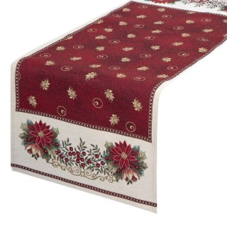 Bieżnik na stół czerwono, beżowy 45x140 cm gobelinowy zdobiony wzorem świątecznym