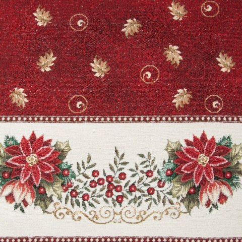 Bieżnik na stół czerwono, beżowy 45x140 cm gobelinowy zdobiony wzorem świątecznym
