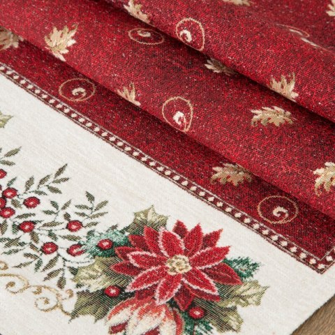 Bieżnik na stół czerwono, beżowy 45x140 cm gobelinowy zdobiony wzorem świątecznym