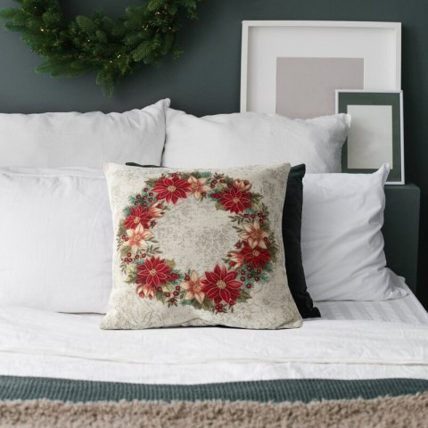 Poszewka na poduszkę 45x45 cm gobelinowa naturalno, czerwona z wieńcem świątecznym GOB