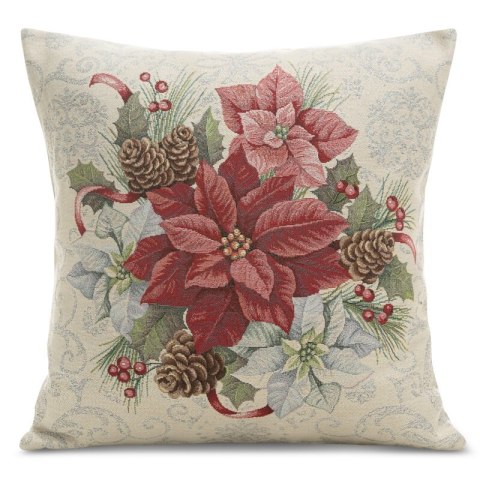 Poszewka na poduszkę 45x45 cm gobelinowa naturalno, czerwona z motywem świątecznym GOB