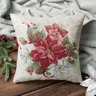 Poszewka na poduszkę 45x45 cm gobelinowa naturalno, czerwona z motywem świątecznym GOB