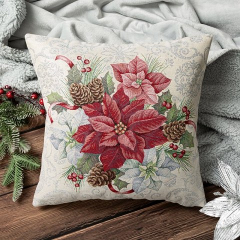 Poszewka na poduszkę 45x45 cm gobelinowa naturalno, czerwona z motywem świątecznym GOB