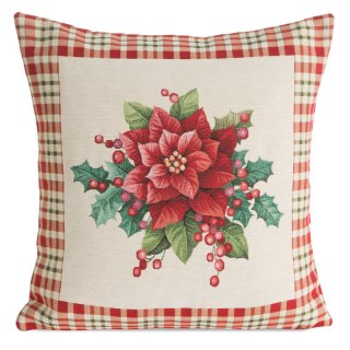 Poszewka na poduszkę 45x45 cm bawełniana, gobelinowa naturalno, czerwona zdobiona motywem gwiazdy betlejemskiej