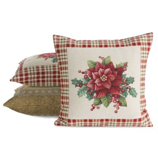 Poszewka na poduszkę 45x45 cm bawełniana, gobelinowa naturalno, czerwona zdobiona motywem gwiazdy betlejemskiej