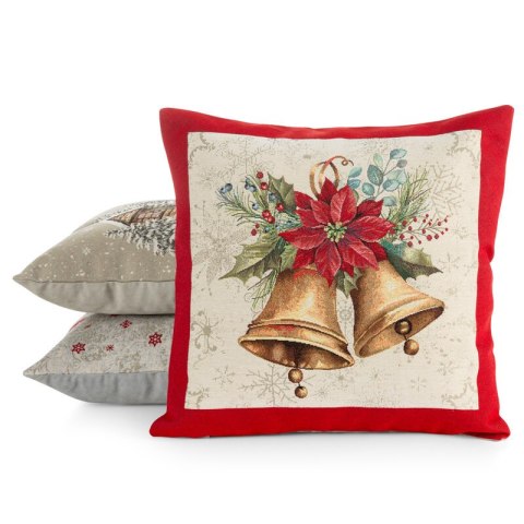 Poszewka na poduszkę 45x45 cm gobelinowa naturalno, czerwona zdobiona motywem dzwoneczków GOB