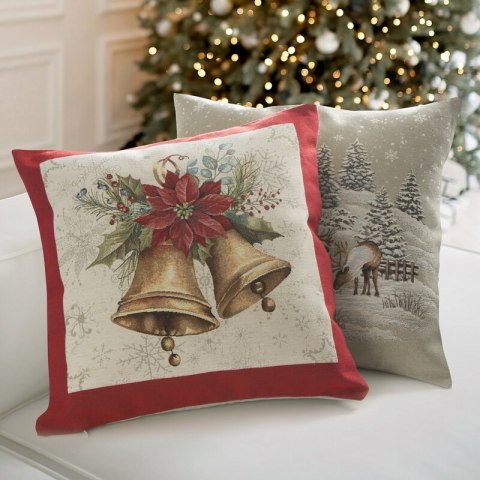 Poszewka na poduszkę 45x45 cm gobelinowa naturalno, czerwona zdobiona motywem dzwoneczków GOB