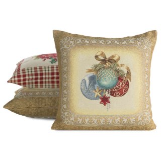 Poszewka na poduszkę świąteczna 45x45 cm bawełniana, gobelinowa złoto, błękitna z motywem bombek GOB