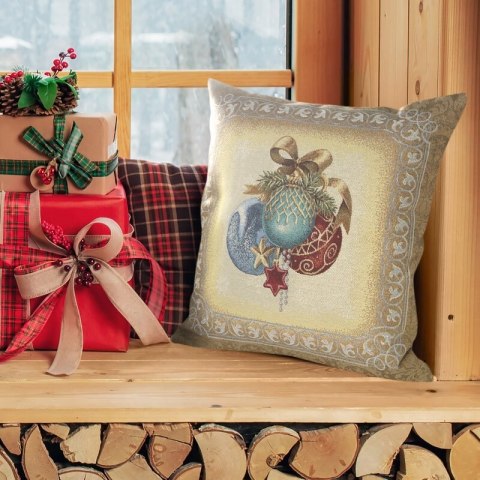 Poszewka na poduszkę świąteczna 45x45 cm bawełniana, gobelinowa złoto, błękitna z motywem bombek GOB