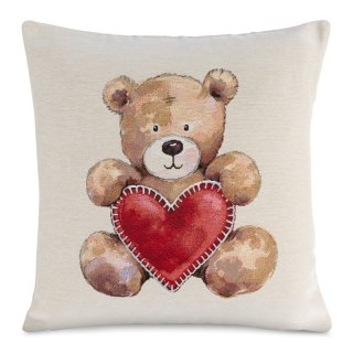 Poszewka na poduszkę 45x45 cm bawełniana, gobelinowa naturalno, czerwona z motywem misia GOB