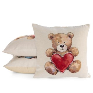 Poszewka na poduszkę 45x45 cm bawełniana, gobelinowa naturalno, czerwona z motywem misia GOB