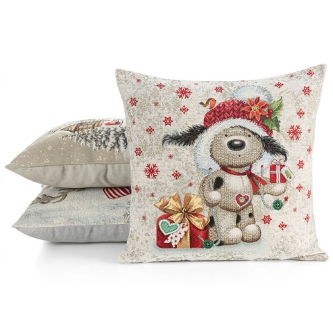 Poszewka na poduszkę 45x45 cm bawełniana, gobelinowa naturalno, czerwona z motywem misia GOB