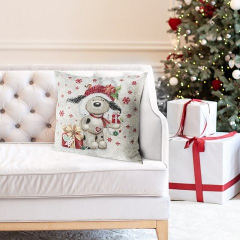 Poszewka na poduszkę 45x45 cm bawełniana, gobelinowa naturalno, czerwona z motywem misia GOB