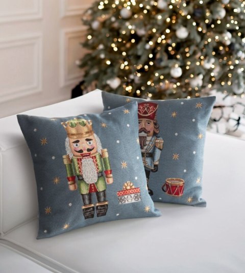 Poszewka na poduszkę 45x45 cm bawełniana, gobelinowa popielato czerwona zdobiona wzorem dziadka do orzechów GOB