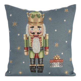 Poszewka na poduszkę 45x45 cm bawełniana , gobelinowa popielato zielona zdobiona wzorem dziadka do orzechów GOB