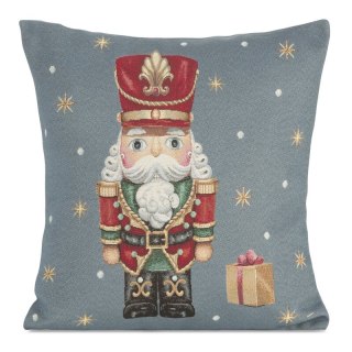 Poszewka na poduszkę 45x45 cm bawełniana, gobelinowa popielato czerwona zdobiona wzorem dziadka do orzechów GOB