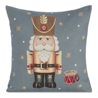 Poszewka na poduszkę 45x45 cm bawełniana, gobelinowa popielato, beżowa zdobiona wzorem dziadka do orzechów GOB