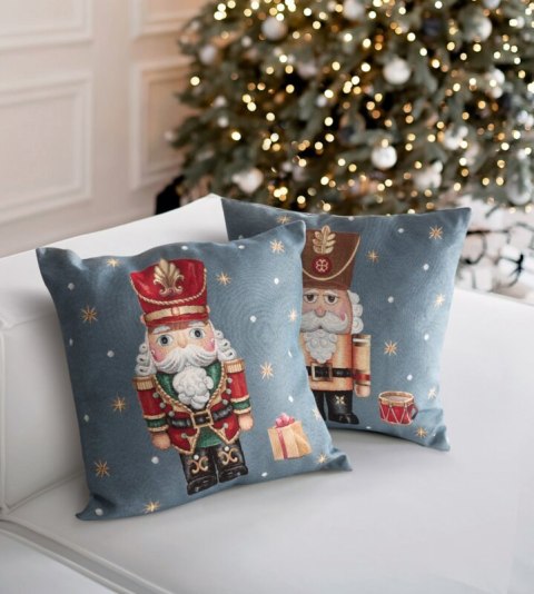 Poszewka na poduszkę 45x45 cm bawełniana, gobelinowa popielato, beżowa zdobiona wzorem dziadka do orzechów GOB