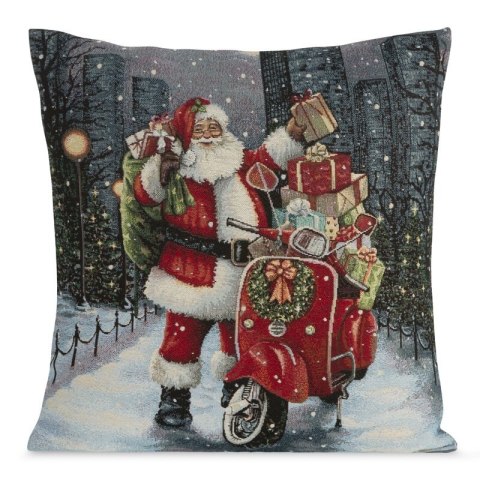 Poszewka na poduszkę 45x45 cm bawełniana, gobelinowa popielato, czerwona zdobiona nadrukiem Mikołaja z prezentami GOB