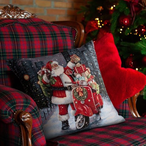 Poszewka na poduszkę 45x45 cm bawełniana, gobelinowa popielato, czerwona zdobiona nadrukiem Mikołaja z prezentami GOB