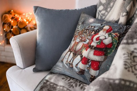 Poszewka na poduszkę 45x45 cm bawełniana, gobelinowa popielato, czerwona zdobiona nadrukiem Mikołaja GOB