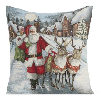 Poszewka na poduszkę 45x45 cm bawełniana, gobelinowa popielato, czerwona zdobiona nadrukiem Mikołaja GOB