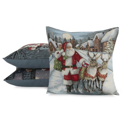 Poszewka na poduszkę 45x45 cm bawełniana, gobelinowa popielato, czerwona zdobiona nadrukiem Mikołaja GOB