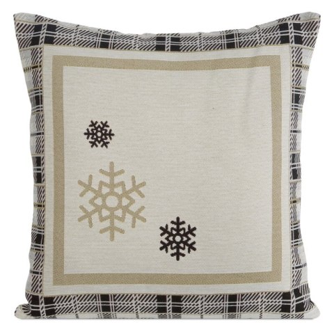 Poszewka na poduszkę 45x45 cm bawełniana, gobelinowa kolor naturalna z motywem kraty i złotych śnieżynek ANGEL